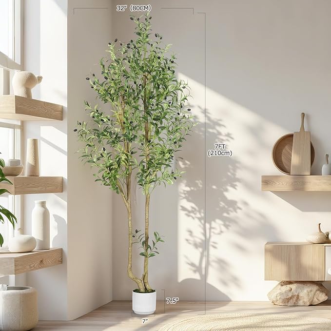 HZXGCP Olive Tree Olive 7 feet, Artificial Olive Tree with White Pot, Fake Tree with 1882 Dense Leaves & 96 High-Simulated Olive Fruits - Easy Assembly, Low Maintenance (Olive Tree 7ft)