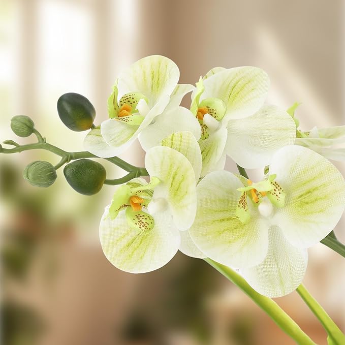 Garvee Real Touch Silk Phalaenopsis Orchid Artificial Flowers - 3 Stems Faux Orchid Bough with Vase, Lifelike Large Fake Flowers in Pot for Home Decor Living Room Bedroom Office Tabletop