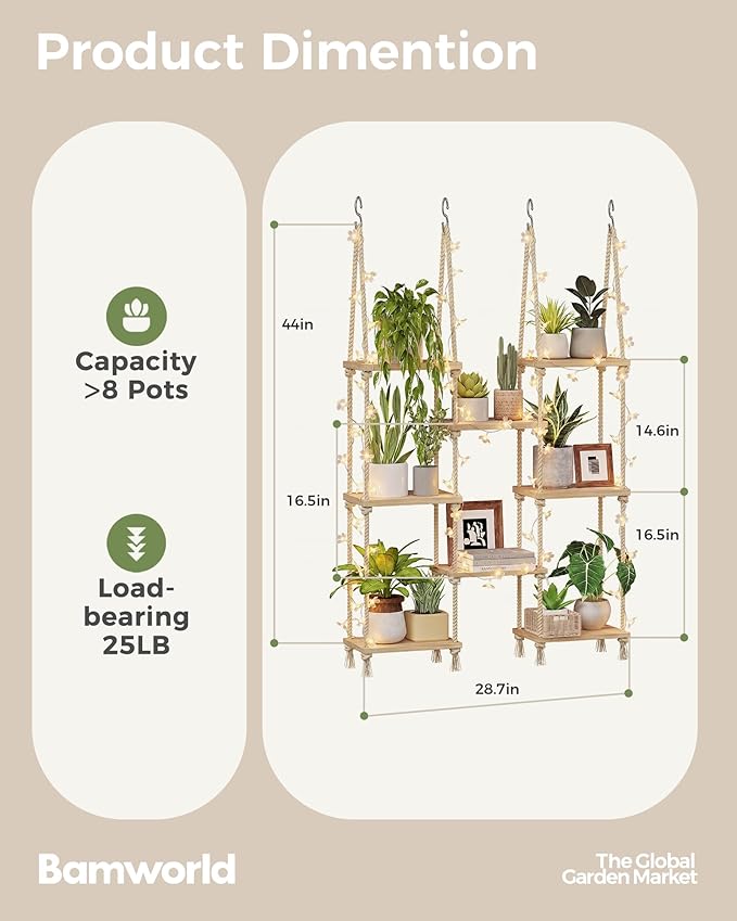 Bamworld Hanging Shelves 8Tiers with Light Plant Hanger Indoor Window Plant Shelves Wood Plant Wall Shelf Window Sill Plant Shelf Indoor Hanging Plant Stand Living Room Decor Garden Boho Decor