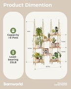 Bamworld Hanging Shelves 8Tiers with Light Plant Hanger Indoor Window Plant Shelves Wood Plant Wall Shelf Window Sill Plant Shelf Indoor Hanging Plant Stand Living Room Decor Garden Boho Decor