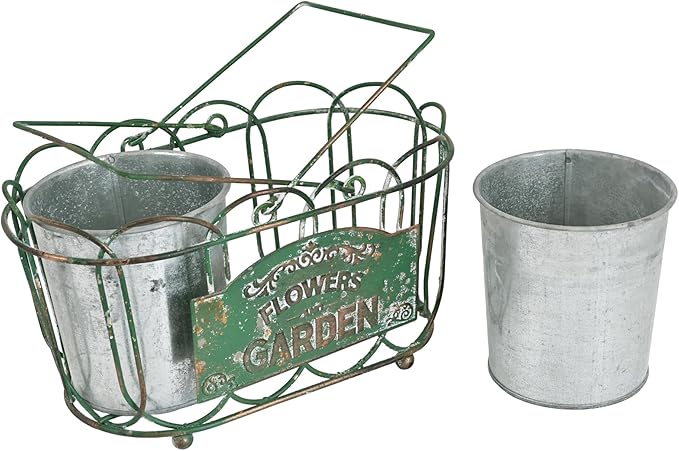 Vintage 2-Piece Metal Planter Set, Distressed Green Iron Wire Basket with Flowers Garden Sign, Rustic Farmhouse Plant Pots for Tabletop, Window Sill & Balcony Decor (Green)