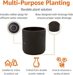 Amazon Basics Fluted Ceramic Round Planter with Drainage Hole, Indoor Outdoor Flower Pot, 8-inch, Black