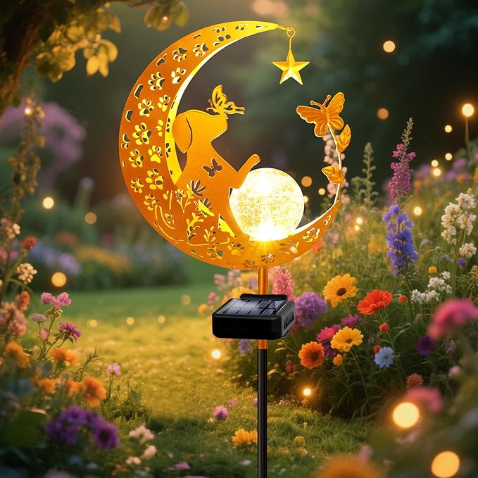ZNYCYE Solar Garden Decor Outdoor Statue, Moon Fairy Garden Figurines with Dog Design for Mom Women Grandma Solar Stake Lights for Patio, Yard, Lawn, Pathway (Warm White)