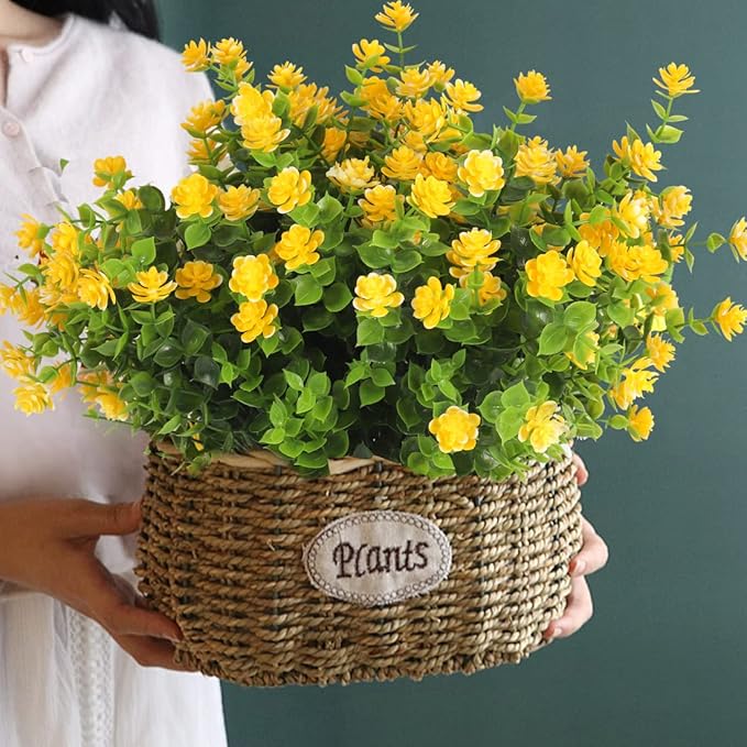 RECUTMS 12 Bundles Outdoor Artificial Flowers UV Resistant Fake Boxwood Plants, Faux Greenery for Indoor Outside Hanging Plants Garden Porch Window Box Home Wedding Farmhouse Décor（Yellow）