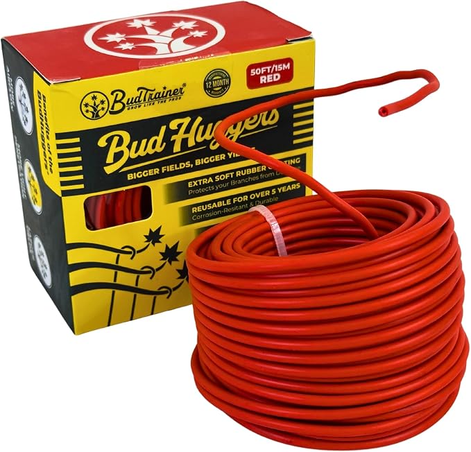 BudHuggers (Red) for Optimal Plant Training | 50ft (15M) | 3mm Thick Garden Wire Ties | Flexible & Durable | Rubber Plant Ties to Yield Bigger Buds, Stronger Branches & Larger Canopies