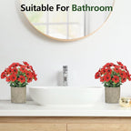 FAVOWREATH 2 Pack Small Fake Plants Potted Artificial Plants Artificial Flowers Potted Faux Flower Daisy with Eucalyptus Leaves for Home Decor Office Room Farmhouse Indoor Table Bathroom Decor（Red）
