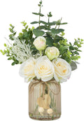 Fake Flowers with Vase, Silk Roses Artificial Eucalyptus in Glass Vase for Farmhouse Bathroom Kitchen Table Decor, Silk Flower Arrangements for Bedroom, Dining Room, Living Room Decor