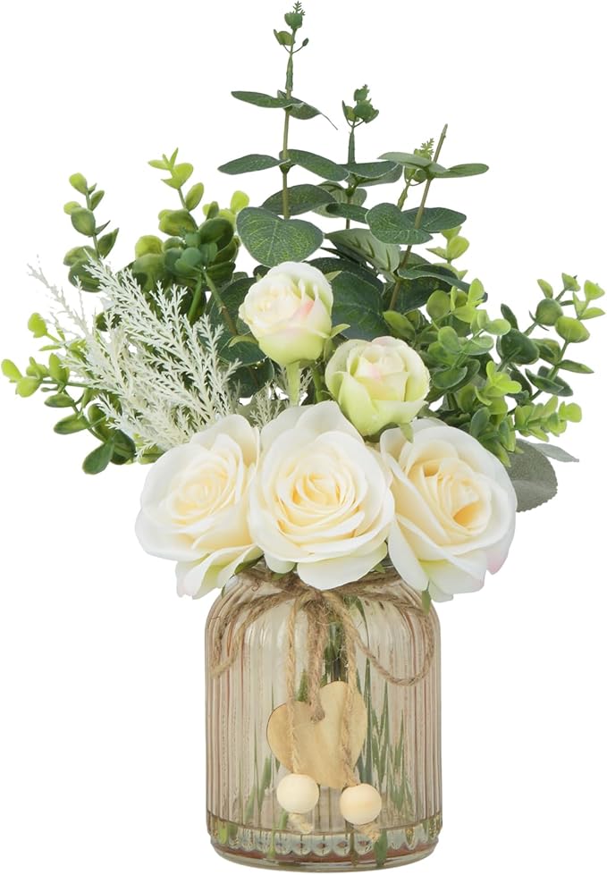 Fake Flowers with Vase, Silk Roses Artificial Eucalyptus in Glass Vase for Farmhouse Bathroom Kitchen Table Decor, Silk Flower Arrangements for Bedroom, Dining Room, Living Room Decor