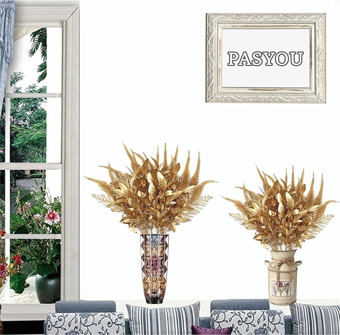 Fake Flowers Golden Bouquet Christmas Decorations, PASYOU Artificial Plants Plastic Shrubs Grass Leaves Indoor Outdoor Home Garden Party Hotel Verandah Wedding Event Faux DIY Table Decor - Gold 4 Pack