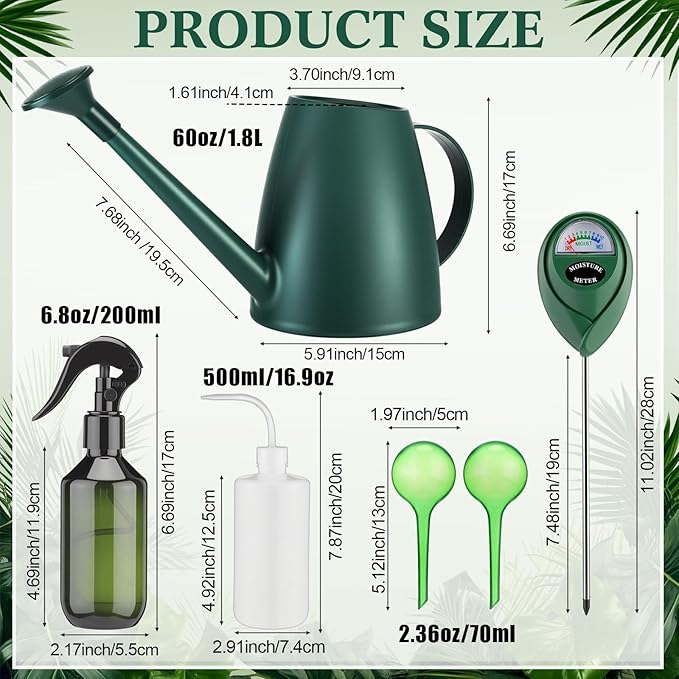 Reallnaive 6 Pcs Indoor Watering Can Set 1/2 Gallon Can 6.8 oz Spray Bottle 17 oz Squeeze Bottle Plant Watering Globes Soil Moisture Meter Small Spraying Set for Indoor Outdoor Plants (Dark Green)