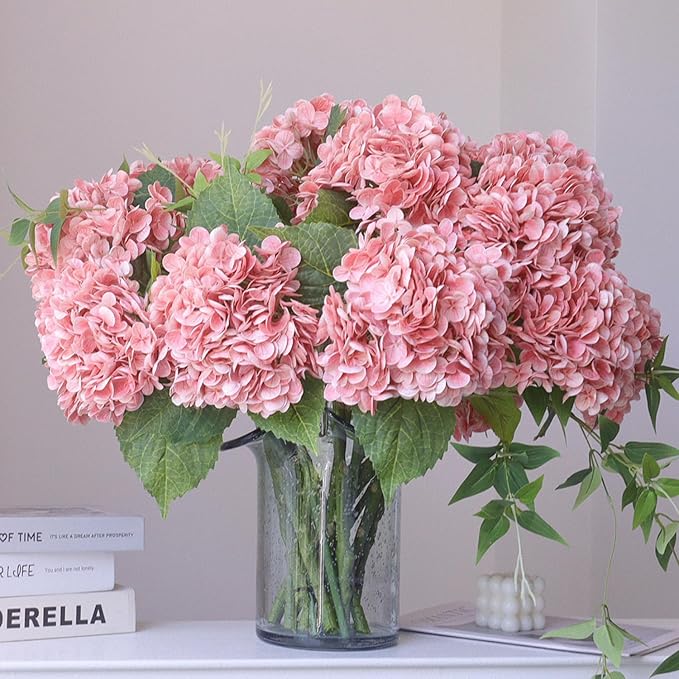 Buart 4PCS 21 inch Big Size Peach Flowers Artificial Silk Hydrangea Lifelike Dry Flowers for Outdoor Wedding, Christmas, Office, Family Party, Living Room Table Decoration