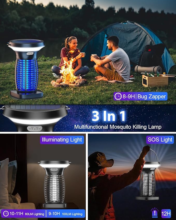 Solar Bug Zapper Outdoor Waterproof, Portable & Rechargeable Bug Zapper with Panel Sensor & LED Night Light Mosquitoes Zapper, Electric Fly Zapper for Home, Patio, Backyard, Camping