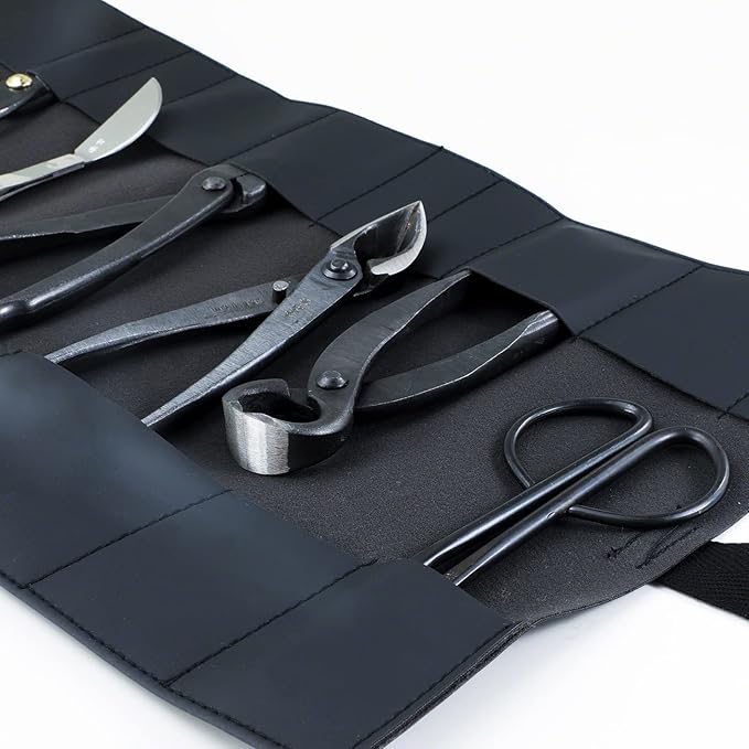 Wazakura Made in Japan Bonsai Tool Case with 16 pockets in Polyurethane Leather, Japanese Garden Tool Kit Roll Storage Bag - 16 Pockets Black PU Leather