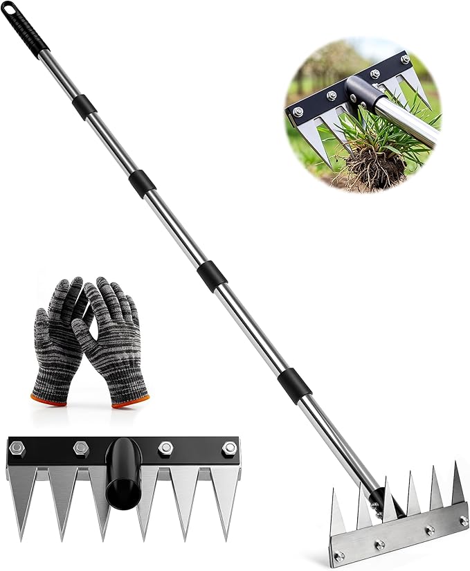 Weed Rake Tool Iron Weed Puller with 71" Adjustable Long Handle, 6 Teeth Garden Weed Remover Tool Heavy Duty Manual Weed Puller with Gloves for Yard, Lawn, Garden