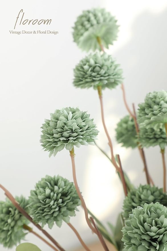 Floroom 5pcs Sage Green Faux Silk Mums Artificial Flowers, Bulk Fake Small Mini Chrysanthemums with Stems for DIY Wedding Centerpieces Floral Arrangements Vase Fillers Home Decorations