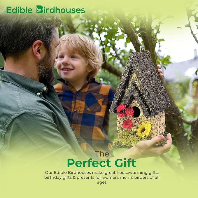 Edible Birdhouse - Birdseed Bird Feeder, Wooden Birds House Covered in Wild Bird Food, Squirrel Resistant Birds Feeders for Outside Hanging, Watching Gift for Garden Lovers, (TD)