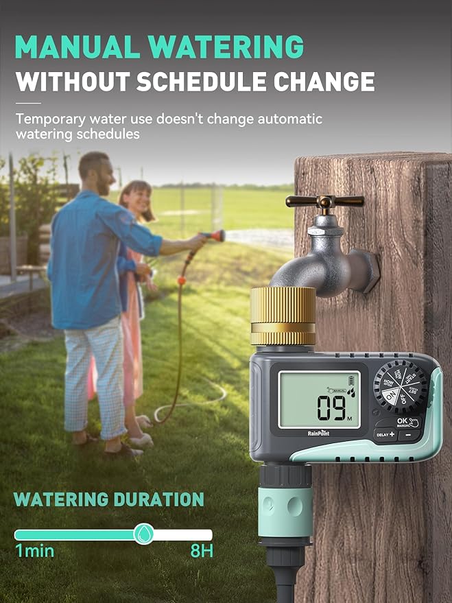 RAINPOINT 2-Pack Sprinkler Timer with Brass Swivel for Garden Hose, Programmable Hose Timer with Rain Delay/Manual Watering, Digital Irrigation System for Lawns, 1 Outlet