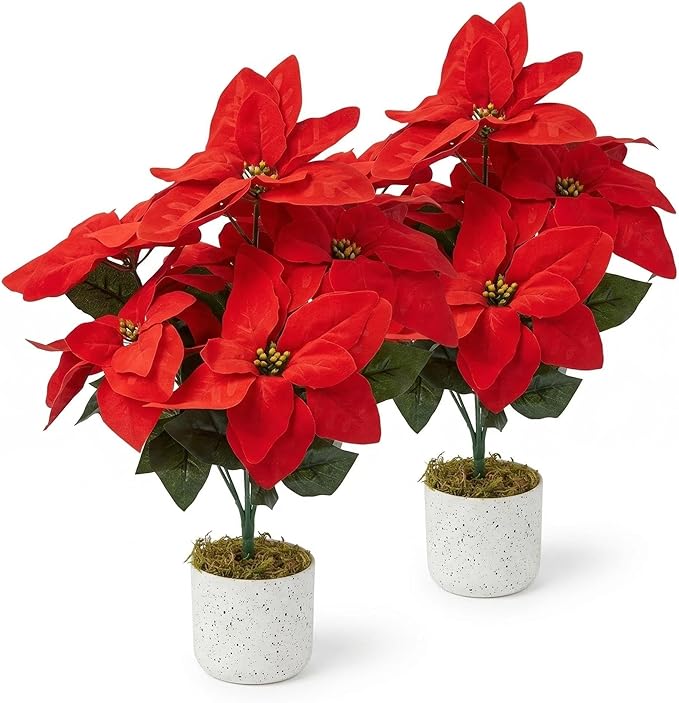 2 Pack Red Christmas Poinsettia Flowers in Pots, 18.9" Artificial Poinsettia Plants with Realistic Layered Petals, Speckled Pot and Moss Base for Holiday Indoor Decor, Table Centerpiece, Porch