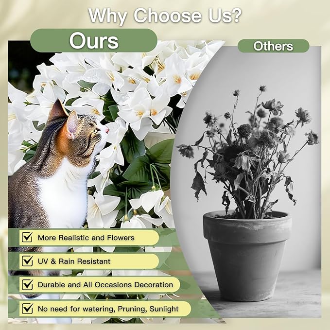 Artificial Flowers for Outdoors Fake White Bougainvillea Hanging Flower Decoration, 2Pcs Realistic Faux Silk Plants Long Trailing Vines, Spring Decor for Porch Patio Balcony Planter Yard