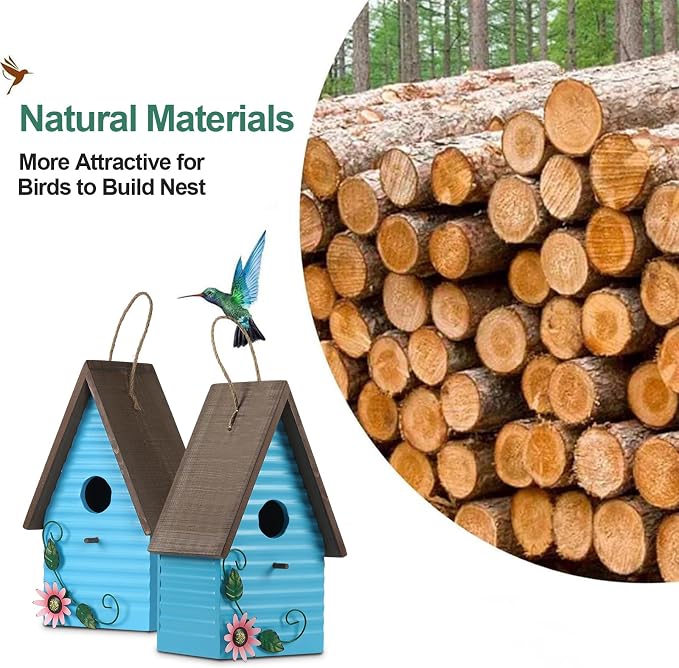 Bird Houses for Outside,Blue Bird Houses for Outdoors,Hanging Birdhouses for Outdoor,Wooden Bluebird Houses for Outside,Country Style Hummingbird Nest Box,Yard Decorative Gift for Bird Lovers