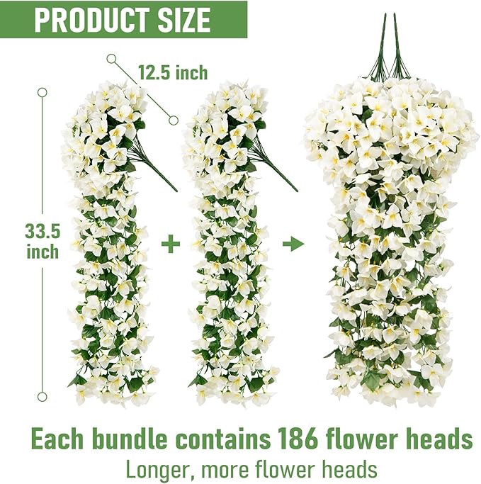 ATTGREAT Artificial Bougainvillea for Outdoors Faux Plants UV Resistant Flowers Fake Plastic Plants Realistic Silk Flowers for Porch Planter Garden Outside Hanging Decoration, 2Pcs (White)