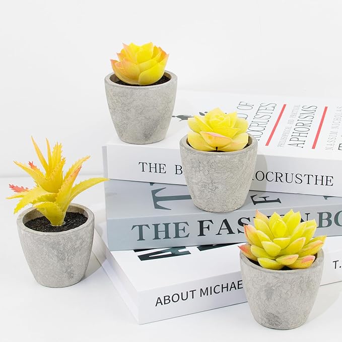 Set of 4 Small Yellow Fake Succulent Plants - Mini Artificial Succulents for Bathroom, Living Room, Office Desk, Coffee Table, Kitchen Shelves - Aesthetic Indoor Shelf Decor