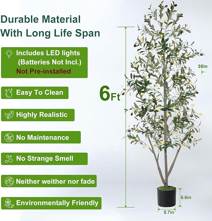 Olive Trees Artificial Indoor, 6FT Tall Faux Olive Tree with Light Kit Moss and Planter, Faux Plants Indoor with Natural Wood Trunk and Lifelike Fruits, Fake Tree for Home Office Living Room Decor