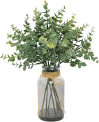 Coferset Eucalyptus Stems in Glass Vase with Faux Water, 14" Eucalyptus Fake Plants Faux Greenery Plants Decorations for Home Bathroom Office Farmhouse Shelf Coffee Table Centerpiece (Gray Vase)