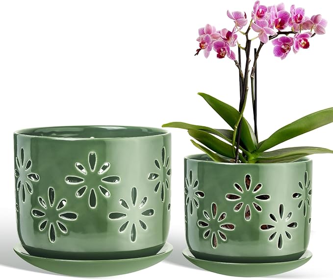 6+5 Inch Orchid Pots with Holes, Ceramic Orchid Pots for Repotting, Healthy Air Circulation Plant Pots for Plant Lovers, Planters for Indoor Plants -2 Pack