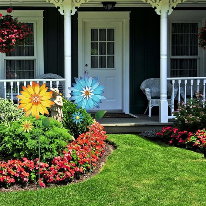 YEAHOME Garden Decor for Outside, 35.4“ Set of 2 Metal Flowers Decorative Garden Stakes for Spring Decor, Yard Art Flower Stakes for Outdoor Lawn Backyard Porch Garden Decorations (Yellow, Blue)