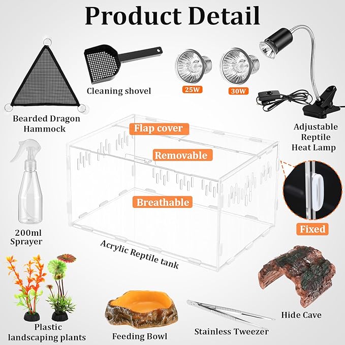 Kathfly 13 Pcs Mini Reptile Terrarium Starter Kits, 12x8x6'' Insect Amphibians Reptile Tank Insect Habitat Cage Acrylic Tank Hidden Shell Heat Lamp Hammock and Other Accessories for Fish Turtle Spider