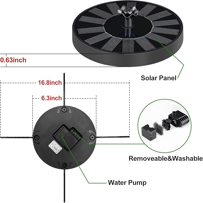 SEIRMEP Solar Fountain Pump with Spray Height Adjustment, Upgrade Glass Solar Bird Bath Fountains with 6 Nozzles, Outdoor Solar Water Fountain Pump for Bird Bath, Garden, Pool, Pond