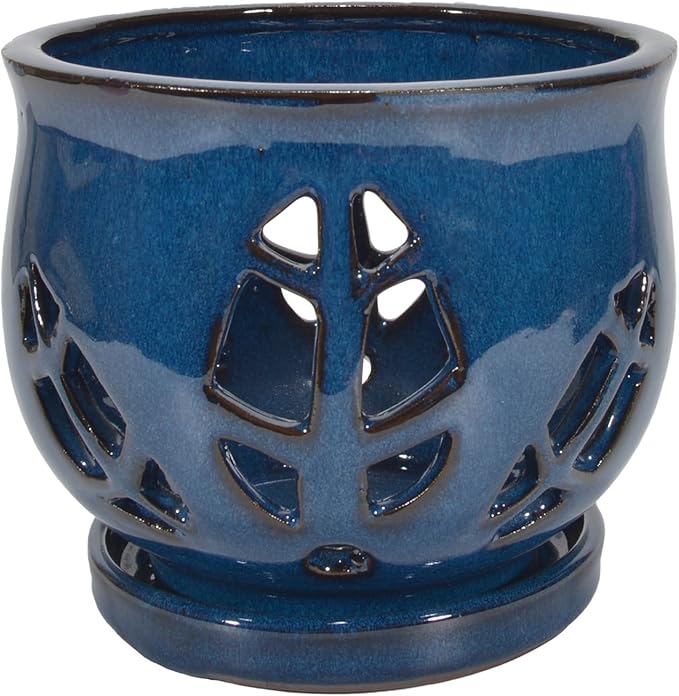 W&W Orchid Pot with Holes and Saucer for Repotting, Blue, 6.5"