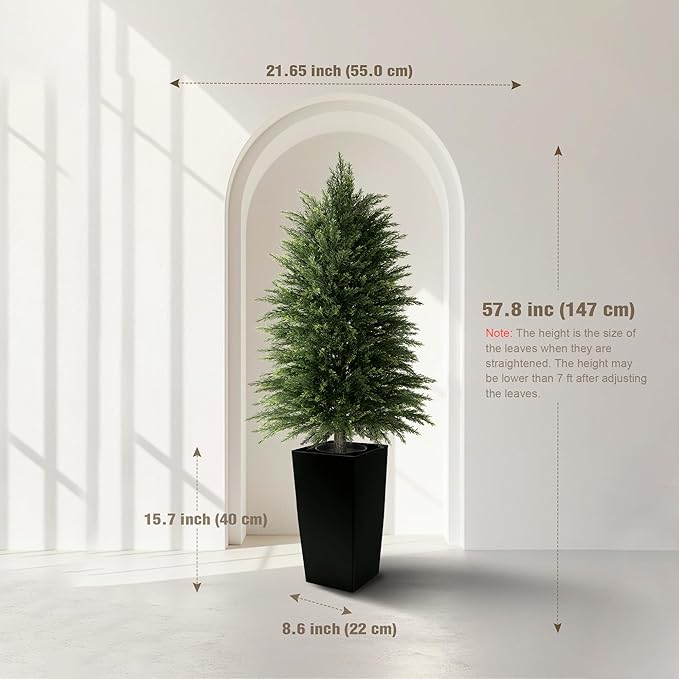 4FT Tall Artificial Cedar Topiary Tree with Full Bushy Columnar Shape, Realistic Faux Cypress in Square Black Pot with Fillable Water Bag, Outdoor Evergreen for Front Porch Garden Home Decor