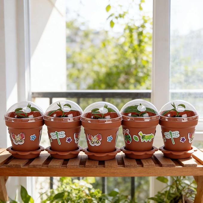 25 Packs Cupcake Plant Nursery Pots with Humidity Dome, Small Plastic Flower Plant Pots with 20 Sheet Stickers, Seeds Starter Pot Flower Planting Container for Seedlings Succulent Display (Wine Red)