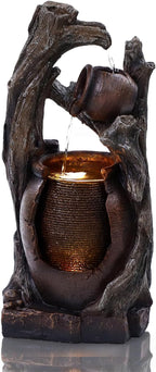 32" H Outdoor Water Fountain, Rustic 2-Tier Clay Pot Water Fountain and Waterfalls with 2 Warm LED Lights, Natural Feature Garden Fountains for Patio, Backyard, Deck, Porch, Home Decor