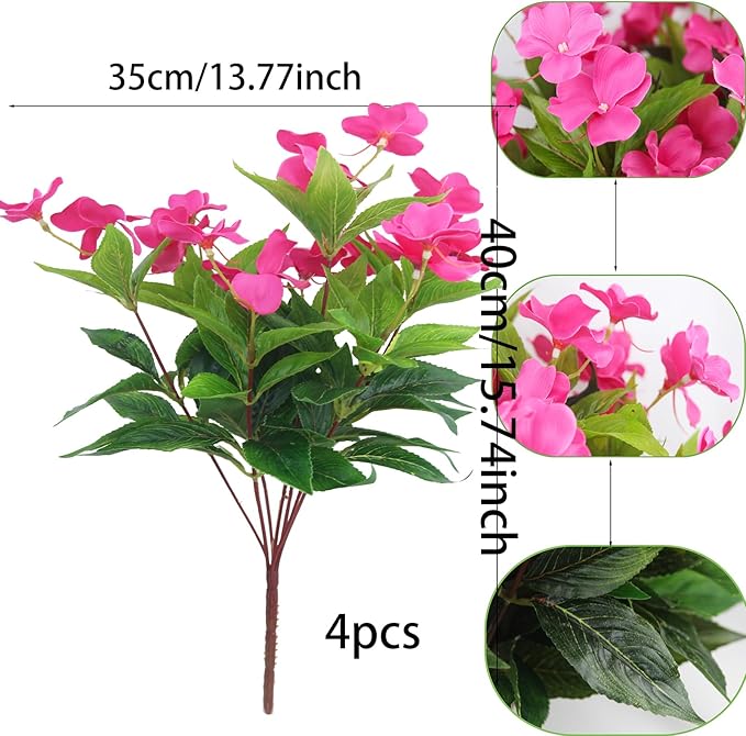 CITYES 4 Pcs Artificial Flowers Outdoor Impatiens UV Resistant Silk Impatiens Flowers Rose Red Faux Flowers Impatiens Bushes Artificial Impatiens for Pot Patio Lawn Garden Hanging Basket Porch Decor