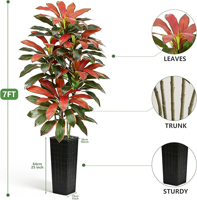 Artificial Red Dracaena Tree - 7FT Tall Fake Plants with Black Square Planter - Artificial Plants Indoor Floor Plant in Pot - Large Tropical Fake Yucca Potted Tree for Home Office Living Room Decor
