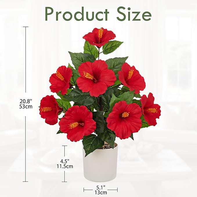 Briful Artificial Hibiscus Potted Plant 20.8” Tall, Realistic Silk Hibiscus Flowers Farmhouse Table Decor, Faux Tropical Flower Plant in Pot for Living Room Table, Entryway, Office, Home Decor, Red