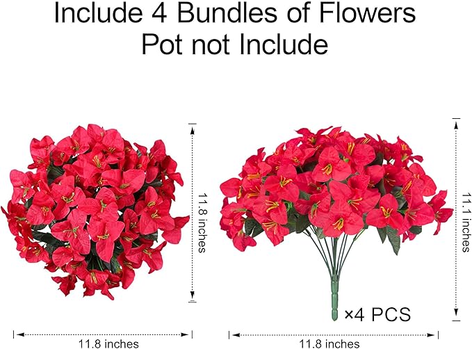 Faux Bougainvillea Artificial Flowers for Outdoors Summer Outside Decor, 4 Bundles Red Fake Bougainvillea Silk Outdoor Flowers Plants UV Resistant Look Real for Porch Patio Window Planter Garden Home