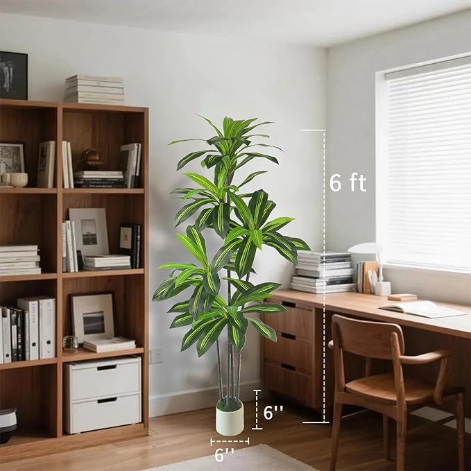 Artificial Dracaena Tree 6FT with White Planter - Faux Yucca Tree with Lifelike Trunk and Leaves in Pot for Home Office Living Room Decor