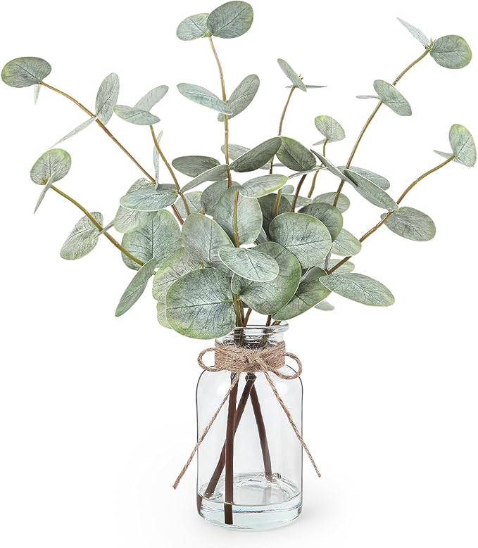 Artificial Eucalyptus Stems in Glass Vase with Faux Water, 13.5" Fake Plants for Home Decor, Coffee Table Centerpieces, Office, Bathroom & Farmhouse Weddings - Faux Greenery Plants Decorations