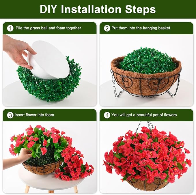 Homsunny Artificial Fake Hanging Flowers Plants with Basket for Outdoor - Fake Petunias Flowers Fake Silk Morning Glory Planter for Outside Porch Patio Balcony Garden Spring Summer Decor(Rose red)