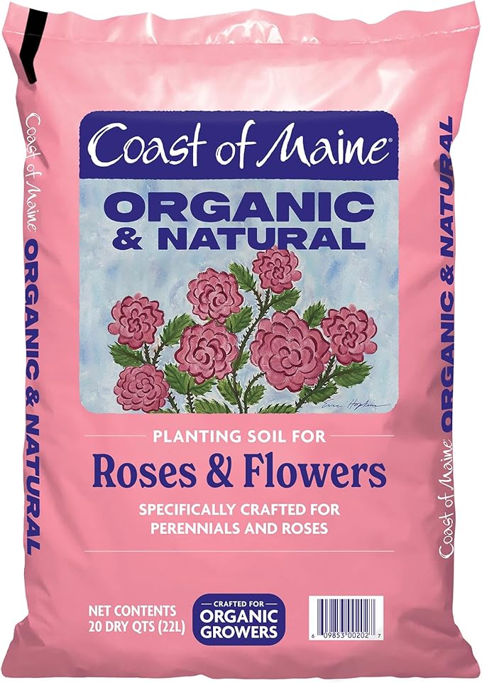 Coast of Maine Organic & Natural Planting Soil for Roses & Flowers - Premium Garden Soil w/ Composted Manure, Sphagnum Peat Moss for Multi Use In Ground & Containers - Enhanced Drainage (20 Qt)