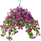 Homsunny Artificial Hanging Fake Flowers with Basket Plants for Outdoor Decoration, Faux Silk Flower UV Resistant Morning Glory for Home Porch Patio Garden Balcony Yard Look Real (Light Purple)