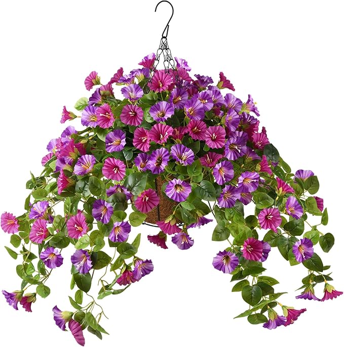 Homsunny Artificial Hanging Fake Flowers with Basket Plants for Outdoor Decoration, Faux Silk Flower UV Resistant Morning Glory for Home Porch Patio Garden Balcony Yard Look Real (Light Purple)
