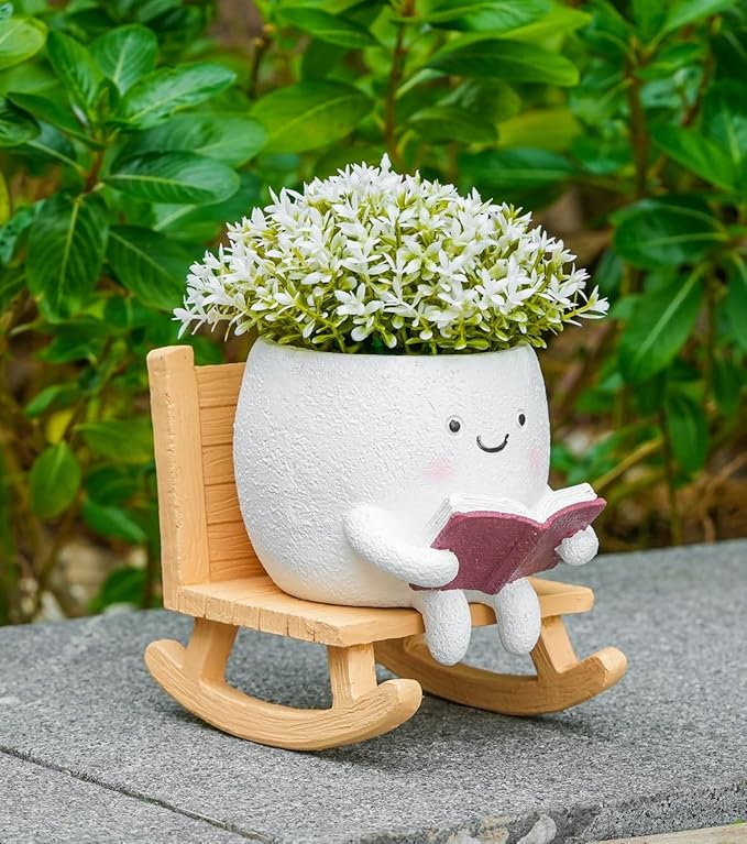 Rocking Chair Smily Face Planter with Drainage Hole, Cute Plant Pots for Indoor Outdoor Plants,Unique Funny Flower Pot for Succulents,Gift for Mother's Day, Birthday, Christmas(White)