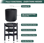 D'vine Dev Ceramic Planter with Ebony Stand - 14 Inch Modern Round Flower Pot with Wood Planter Holder, Black, 55-B-S-2