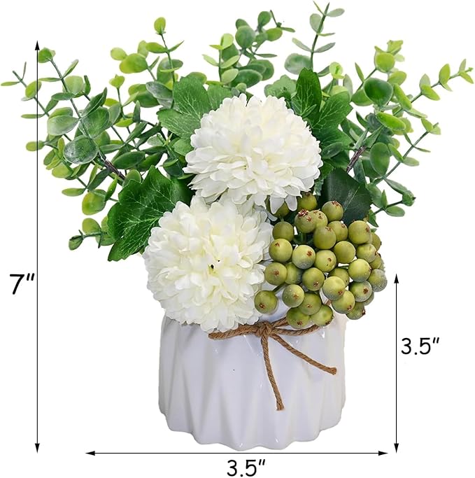 LADADA Artificial Flower Hydrangea and Small CeramicVase Fake Plant Eucalyptus Leaf Berry Flower Arrangement for Home Decoration (White)