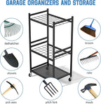 DAOUTIME Garden Organizer With Wheels, Yard Tower Rack for Garage Storage, Up to 35 Long-Handled Tools, Sturdy Metal Steel Holder With 3 Hooks, Outdoor, Black